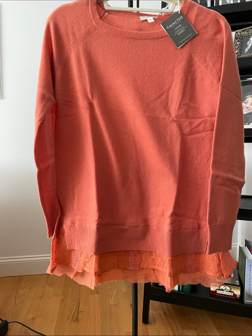 Garnet Hill Coral Layered-Hem Crewneck Sweater